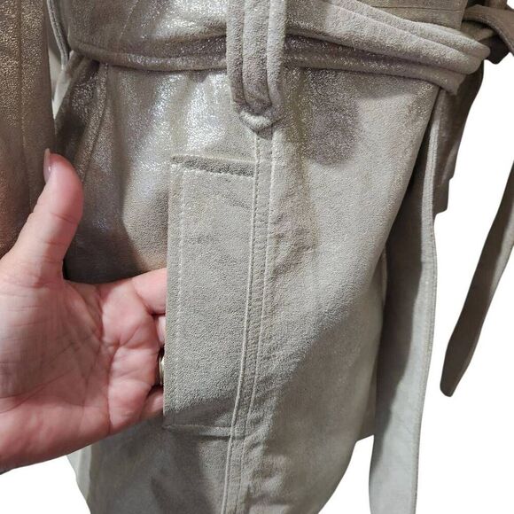 Chico's Women's Silver Twinkle Reese Trench Coat Genuine Leather belted Size 0/4 - Picture 6 of 10